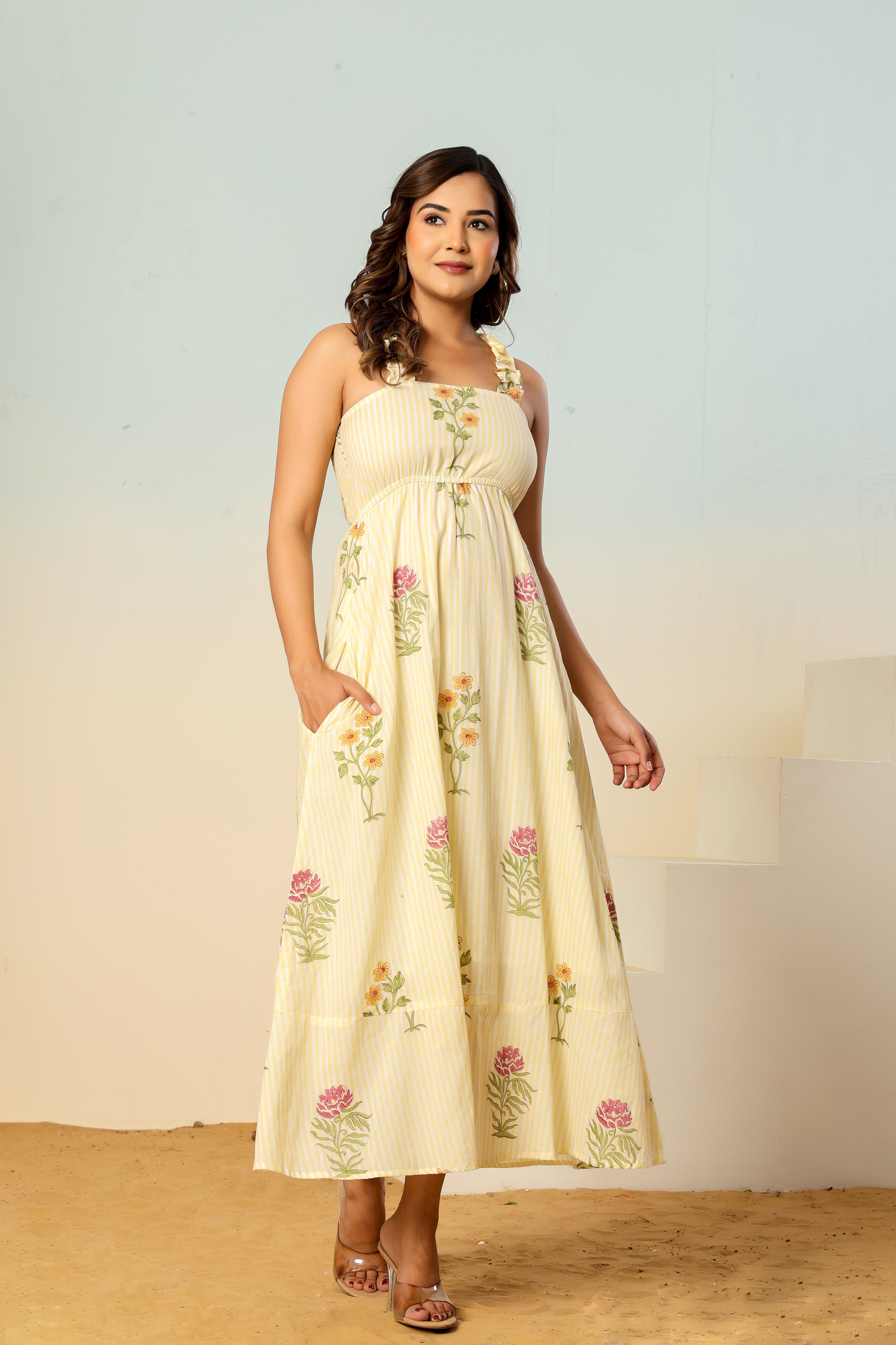 Meher floral striped block print dress