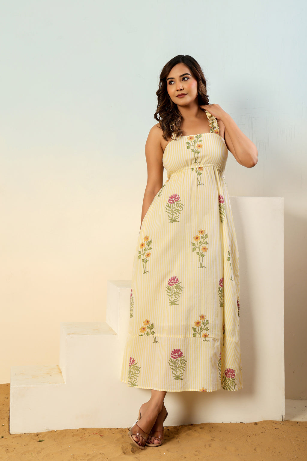 Meher floral striped block print dress