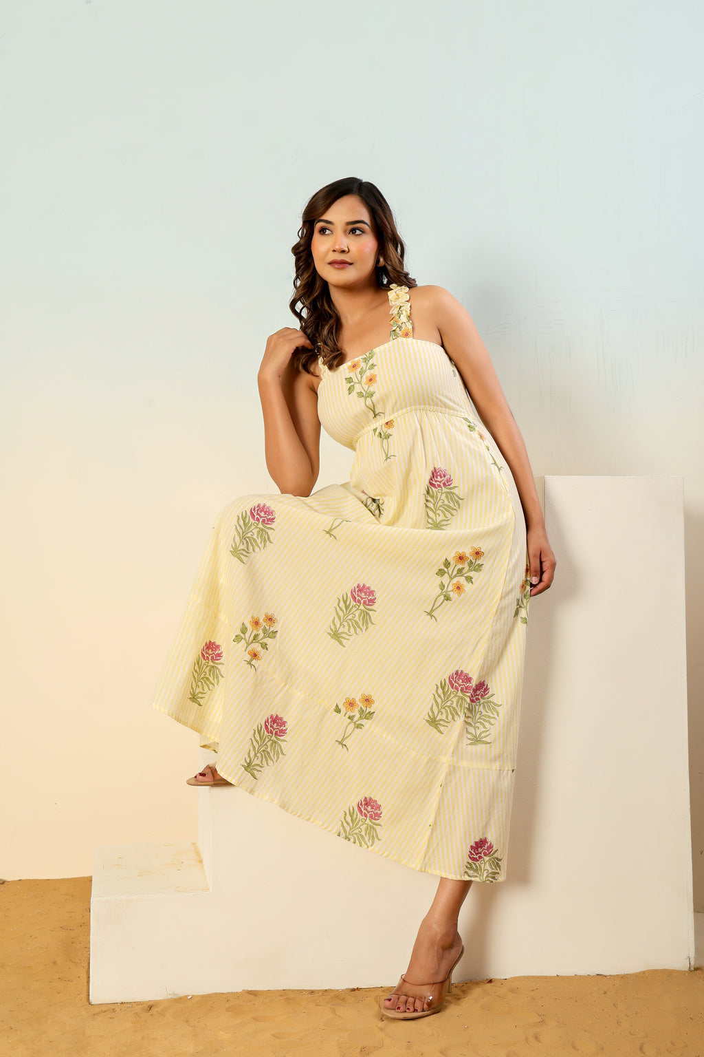 Meher floral striped block print dress